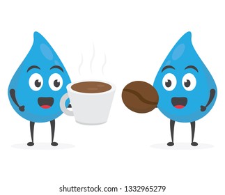 vector illustration character cartoon modern flat design brand of cute water blue mascot holding coffee mug cup, coffee brown bean cart in white background