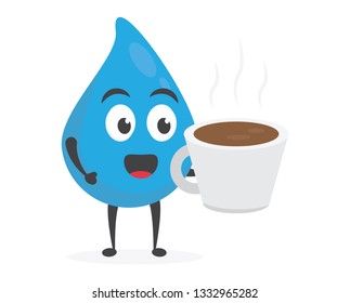 vector illustration character cartoon modern flat design brand of cute water blue mascot holding coffee mug cup, coffee brown bean cart in white background