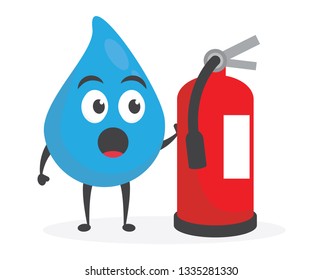 vector illustration character cartoon modern flat design brand of cute water blue mascot holding red fire extinguisher in white background