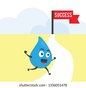 vector illustration character cartoon modern flat design brand of cute water blue mascot holding flag and move to red sign text success goal in lanscape background