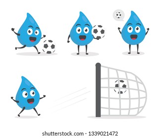 vector illustration character cartoon modern flat design brand of cute water blue mascot play soccer ball and shot to goal in white background