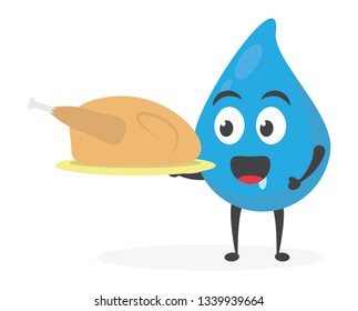 vector illustration character cartoon modern flat design brand of cute water blue mascot holding delicious fried chicken food in white background