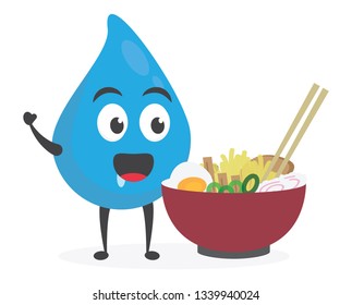 vector illustration character cartoon modern flat design brand of cute water blue mascot holding delicious ramen noodle food in white background