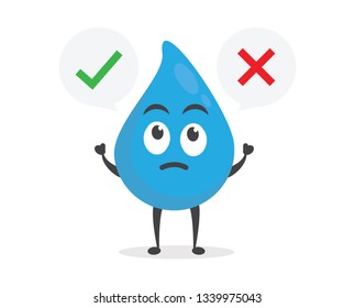 vector illustration character cartoon modern flat design brand of cute water blue mascot confused speech bubbles and green check yes and red x mark cross no in white background