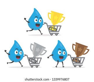vector illustration character cartoon modern flat design brand of cute water blue mascot holding gold first golden, second silver, third bronze trophy winner with trolley market shopping cart