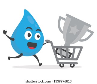 vector illustration character cartoon modern flat design brand of cute water blue mascot holding gold first golden, second silver, third bronze trophy winner with trolley market shopping cart