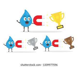 vector illustration character cartoon modern flat design brand of cute water blue mascot attracting tropy gold, silver, bronze trophy with red large magnet in white background