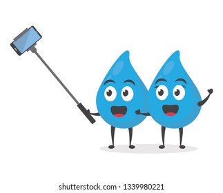 vector illustration character cartoon modern flat design brand of cute water blue mascot holding selfie stick for photo in white background