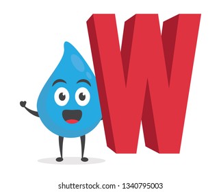 vector illustration character cartoon modern flat design brand of cute water blue mascot holding alphabet letter w in white background