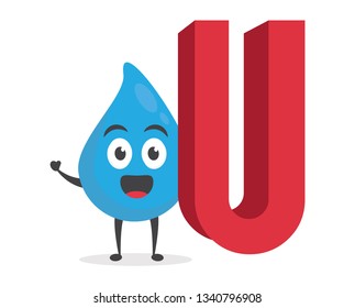 vector illustration character cartoon modern flat design brand of cute water blue mascot holding alphabet letter u in white background