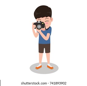 Vector illustration character cartoon photographer  with camera standing taking photos isolated on white background