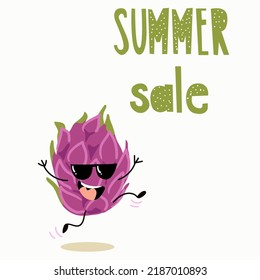 Vector illustration character, cartoon pitaya, pitahaya, dragon fruit joyful runs. Lettering summer sale.
