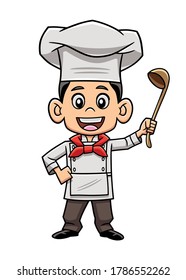 Vector illustration of a character in a cartoon style. The character is a kid wearing chef uniform, standing, smiling and holding a wooden ladle with one hand.