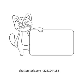 Vector illustration character cat with banner. Outline funny cartoon kitty waving hand. Line sketch animal for coloring book isolated on white