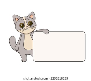 Vector illustration character cat with banner. Flat funny cartoon kitty. Cute smiling pet animal isolated on white