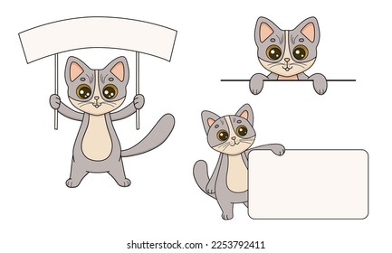 El personaje de la ilustración vectorial es gato con banner. Caricatura plana divertida asomando a un gatito. Animales de mascota pequeños aislados en blanco