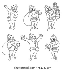 Vector illustration character of Christmas Santa Claus in various poses and activities. Outline, linear, thin line art, hand drawn sketch design, doodle, cartoon, black and white.
