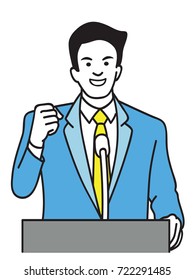 Vector illustration character of confident politician standing at podium, speaking public, holding fist, with microphone. Outline, linear, thin line art, doodle, hand draw sketch design.