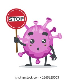 vector illustration of character or corona virus mascot holding sign says stop