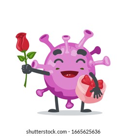 vector illustration of character or corona virus mascot give red flower and holding gift