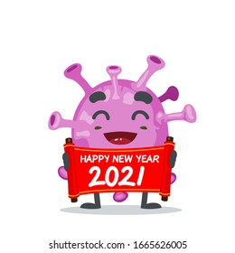 vector illustration of character or corona virus mascot holding red scroll says happy new year 2021