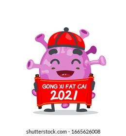 vector illustration of character or corona virus mascot holding red scroll says happy chinese new year 2021
