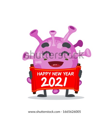 vector illustration of character or corona virus mascot holding red scroll says happy new year 2021