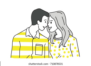 caráter de ilustração vetorial de amantes de casal, se fechar, olhar um para o outro, abraçar e romance de intimidade, conceito de temporada de namorados. Contorno, linear, linha de arte, esboço desenhado à mão.