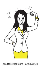 Imagen vectorial de una trabajadora loca en gesto de estresados, molestos, locos, locos, ojos cruzados por el trabajo duro. Diseño de esbozo de dibujo a mano, estilo simple. 