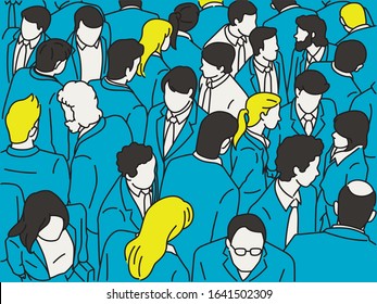 Vector Illustration Character Of Crowd Business People Walking, From Bird's Eye View Or Aerial View.  Outline, Thin Line Art, Hand Drawn Sketch Design, Simple Style. 