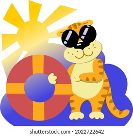 Vector illustration. The character is a cute tiger cub in sunglasses with an inflatable circle. The symbol of the year 2022. Banner, greeting card, calendar, glider