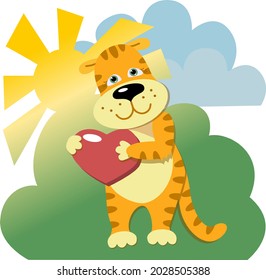 Ilustración vectorial, el carácter de un lindo cachorro de tigre sosteniendo un corazón rojo. El símbolo de 2022 es un tigre con corazón en el fondo de un paisaje veraniego