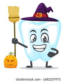 vector illustration of character or dental mascot wearing witch costume and holding broom