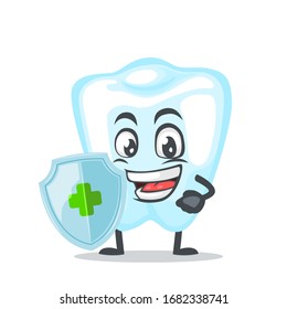 vector illustration of character or dental mascot holding shield for protection