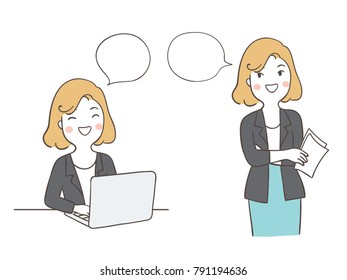 Vector illustration character design action of business woman with speech bubble.Draw doodle cartoon style.