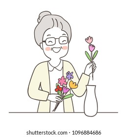 Vector illustration character design activity of elderly woman with flower Isolated on white color.Draw doodle cartoon style.