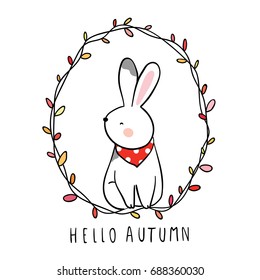 Vector illustration character design adorable rabbit and floral frame hello autumn.Draw doodle style.