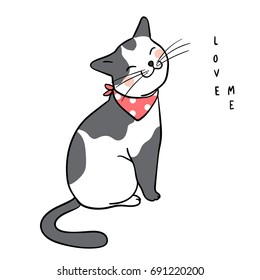 Vector illustration character design adorable cat on white color and wording love me.Draw doodle style.