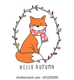Vector illustration character design adorable fox and floral frame hello autumn.Draw doodle style.