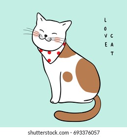 Vector illustration character design adorable cat on green pastel.Draw doodle style.