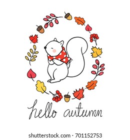 Vector illustration character design adorable squirrel in wreath frame for autumn season.Draw doodle style.
