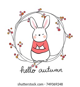 Vector illustration character design adorable rabbit and berry frame with word hello autumn for decorate.Draw doodle style.