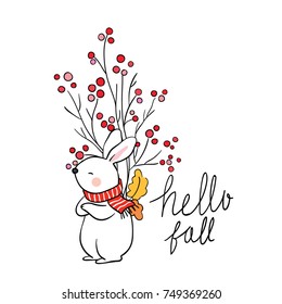 Vector illustration character design adorable rabbit and bunch berry with word hello autumn for decorate.Draw doodle style.
