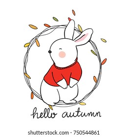 Vector illustration character design adorable rabbit and leave frame with word hello autumn.Draw doodle style.