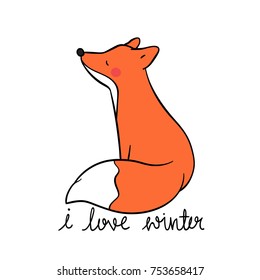 Vector Illustration Character Design Adorable Fox And Word I Love Winter.Draw Doodle Style.