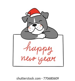 Vector illustration character design of adorable dog with board and happy new year.Doodle cartoon style.
