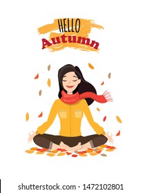 Vector illustration character design beautiful girl with scarf and word hello autumn. Young woman doing yoga in autumn park