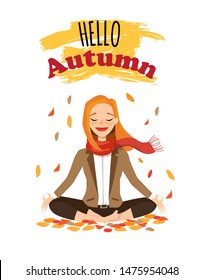 Vector illustration character design beautiful girl with scarf and word hello autumn. Young woman doing yoga in autumn park