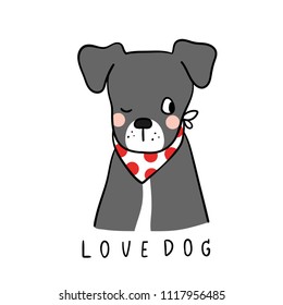 Vector illustration character design black dog and wording love me.Isolated on white.Doodle style.
