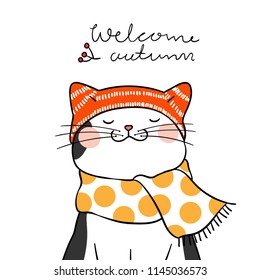 Vector illustration character design black cat with beauty scarf and word welcome autumn.Doodle cartoon style.